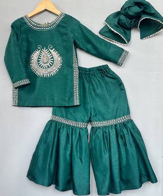 Bottle green embroidered silk sharara set 2