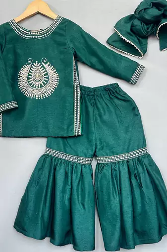 Bottle green embroidered silk sharara set