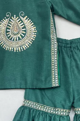 Bottle green embroidered silk sharara set