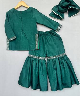 Bottle green embroidered silk sharara set 4