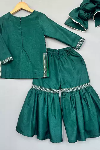 Bottle green embroidered silk sharara set