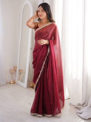 Maroon tissue satin sequins saree with unstitched blouse piece. 3
