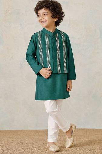 Bottle green embroidered silk kurta jacket set