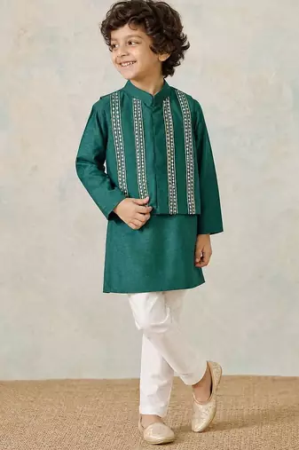 Bottle green embroidered silk kurta jacket set