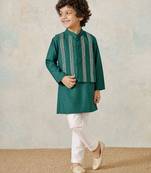 Bottle green embroidered silk kurta jacket set
