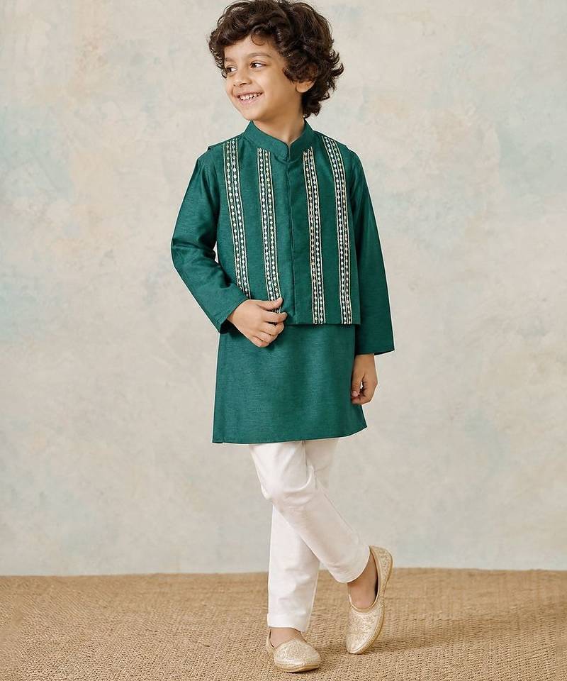 Bottle green embroidered silk kurta jacket set