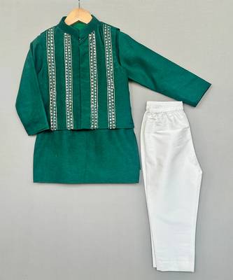 Bottle green embroidered silk kurta jacket set 2
