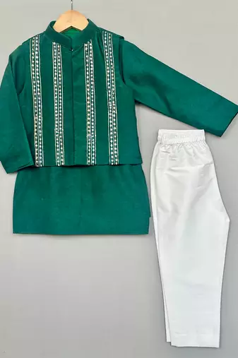 Bottle green embroidered silk kurta jacket set