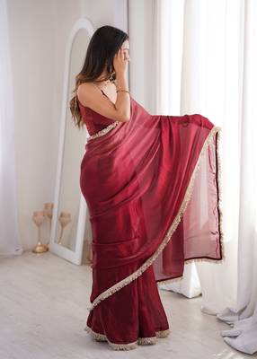 Maroon tissue satin sequins saree with unstitched blouse piece. 4