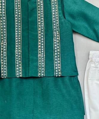 Bottle green embroidered silk kurta jacket set 3