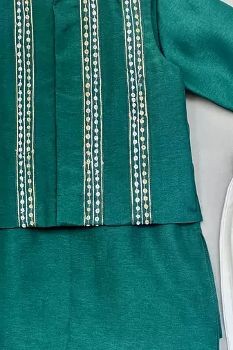 Bottle green embroidered silk kurta jacket set