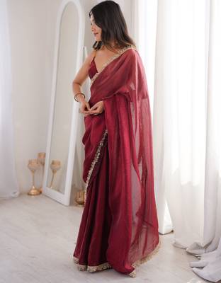 Maroon tissue satin sequins saree with unstitched blouse piece. 5