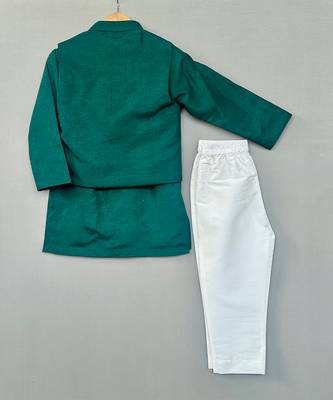Bottle green embroidered silk kurta jacket set 4