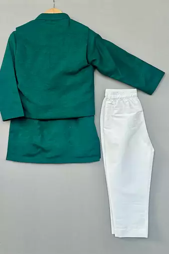 Bottle green embroidered silk kurta jacket set