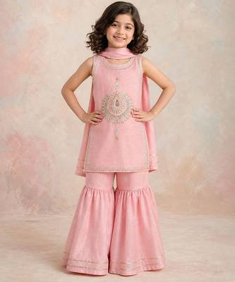 Peach embroidered silk sharara set 1