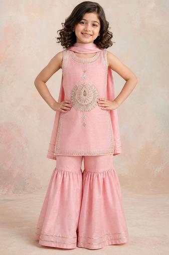 Peach embroidered silk sharara set