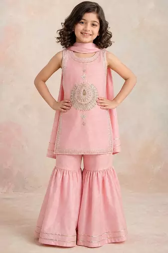 Peach embroidered silk sharara set