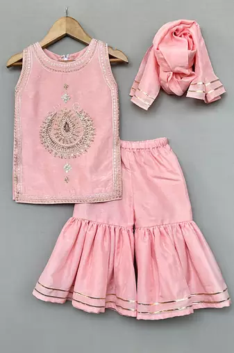 Peach embroidered silk sharara set