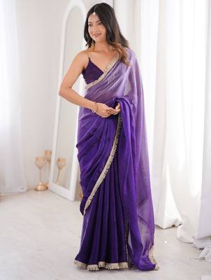 Purple tissue satin sequins saree with unstitched blouse piece. 2