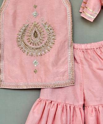 Peach embroidered silk sharara set 3
