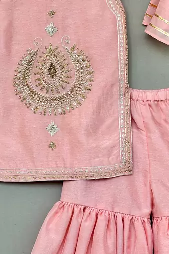 Peach embroidered silk sharara set