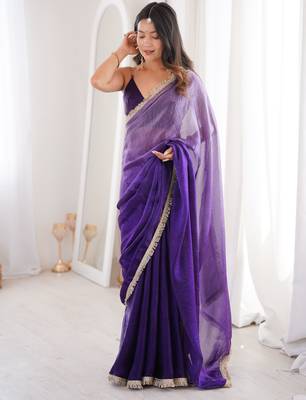 Purple tissue satin sequins saree with unstitched blouse piece. 3
