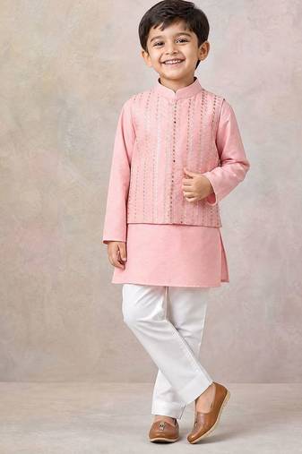 Peach embroidered silk kurta jacket set