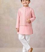 Peach embroidered silk kurta jacket set