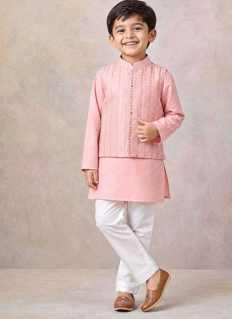 Peach embroidered silk kurta jacket set
