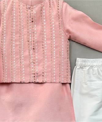 Peach embroidered silk kurta jacket set 2