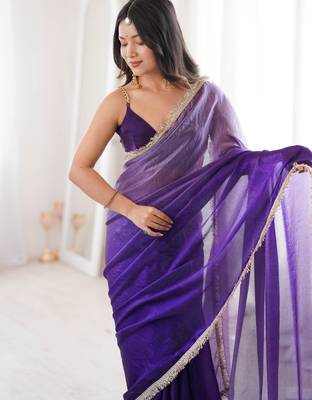 Purple tissue satin sequins saree with unstitched blouse piece. 4