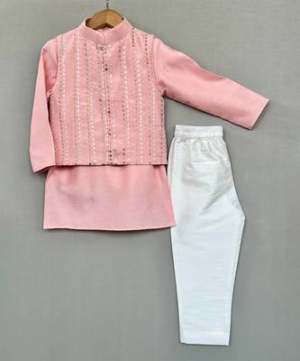 Peach embroidered silk kurta jacket set 4