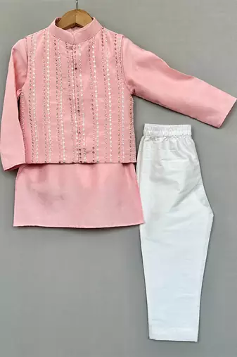 Peach embroidered silk kurta jacket set
