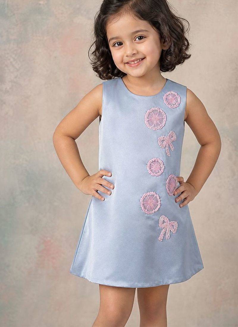 Grey floral embroidered satin dress