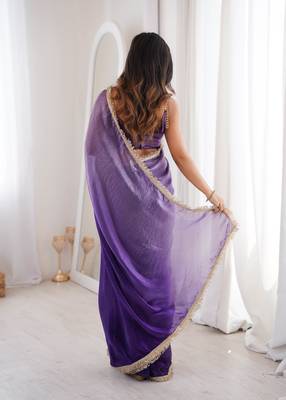 Purple tissue satin sequins saree with unstitched blouse piece. 5