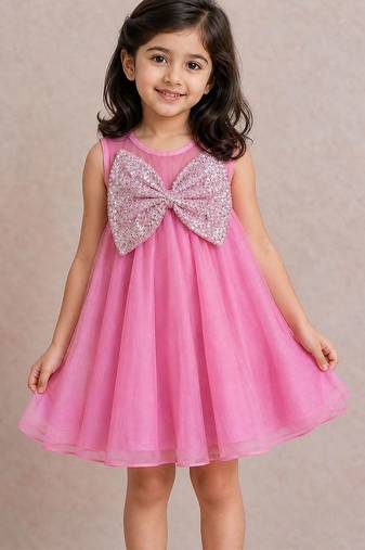 Pink bow embroidered organza dress