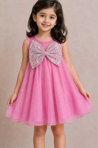 Pink bow embroidered organza dress