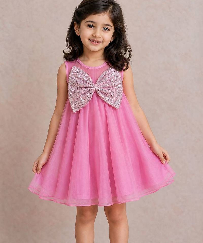Pink bow embroidered organza dress