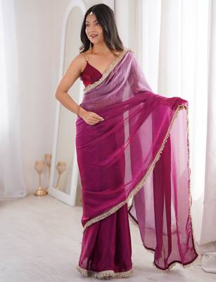 Wine tissue satin sequins saree with unstitched blouse piece. 4