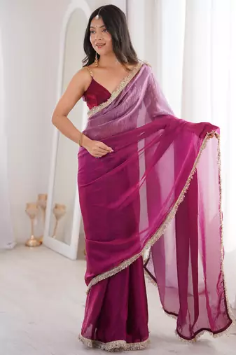 Wine tissue satin sequins saree with unstitched blouse piece.
