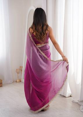 Wine tissue satin sequins saree with unstitched blouse piece. 5