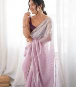 Lilac tissue embellished saree with unstitched blouse piece.