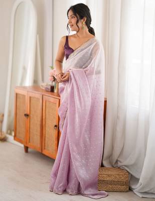 Lilac tissue embellished saree with unstitched blouse piece. 3