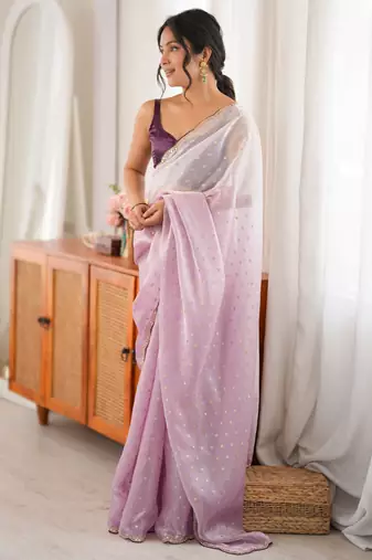 Lilac tissue embellished saree with unstitched blouse piece.