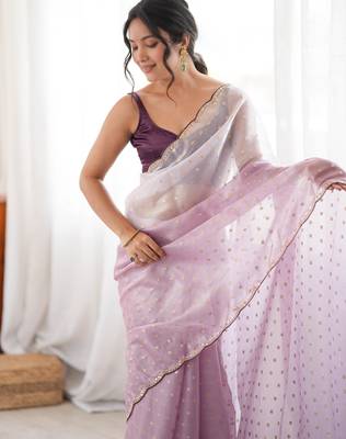 Lilac tissue embellished saree with unstitched blouse piece. 5