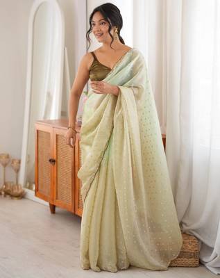 Olive tissue embellished saree with unstitched blouse piece. 2