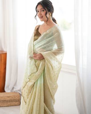 Olive tissue embellished saree with unstitched blouse piece. 3