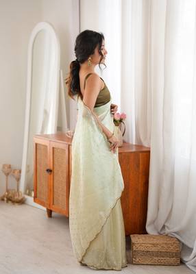Olive tissue embellished saree with unstitched blouse piece. 4