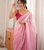Pink tissue embellished saree with unstitched blouse piece.