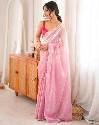 Pink tissue embellished saree with unstitched blouse piece. 2